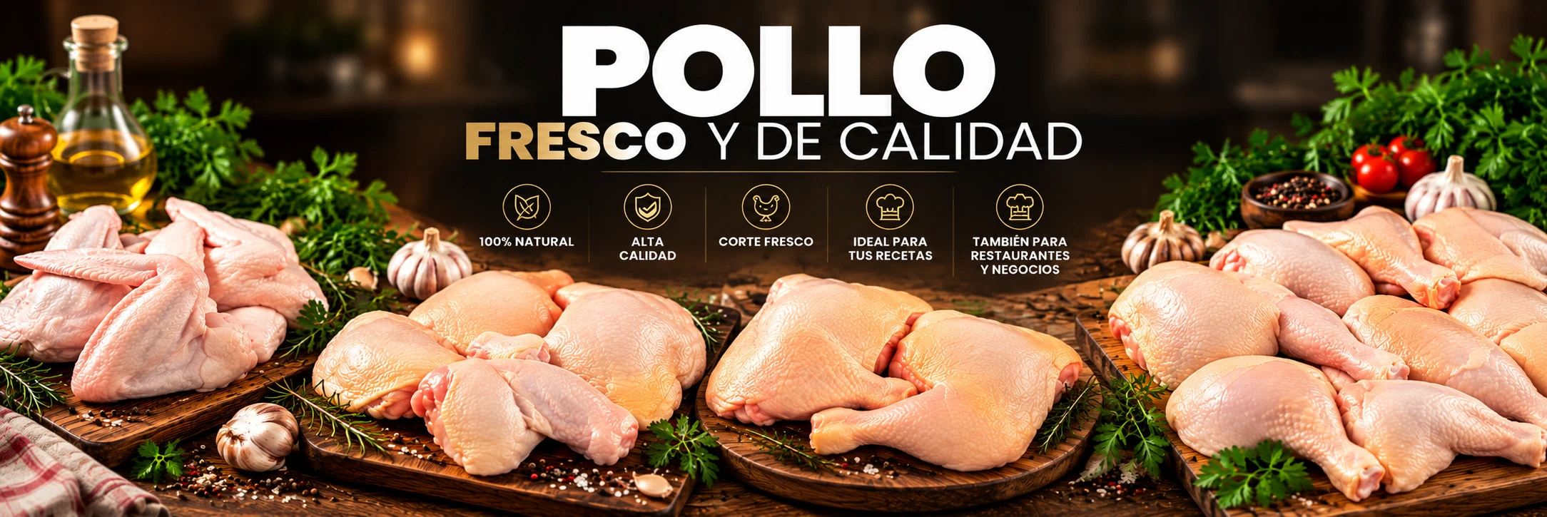Pollo fresco y de calidad: alitas, pierna y pechuga sobre tablas de madera, también para restaurantes y negocios
